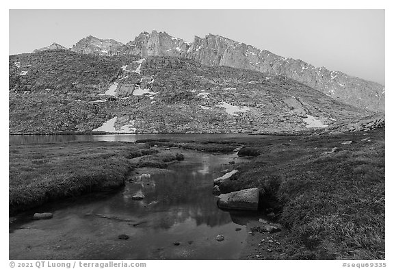 Mt Hitchcock, stream, and Guitar Lake, dawn. Sequoia National Park, California, USA.