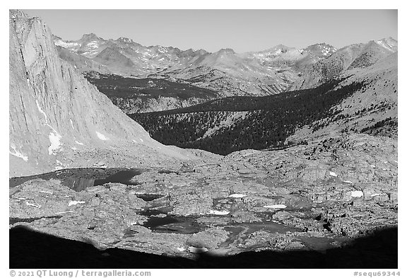 Hitchcock Lakes and Guitar Lake from above. Sequoia National Park (black and white)