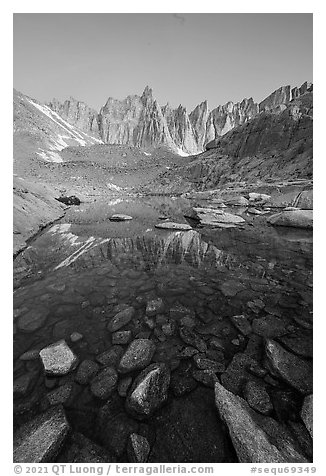 Keeler Needles reflected in Trail Camp Pond. Sequoia National Park (black and white)
