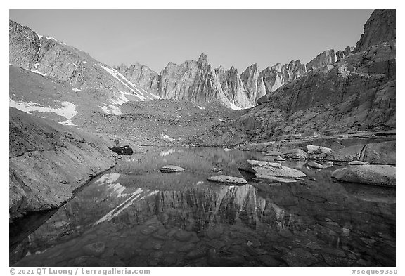 Trail Camp Pond and Keeler Needles, dawn. Sequoia National Park (black and white)