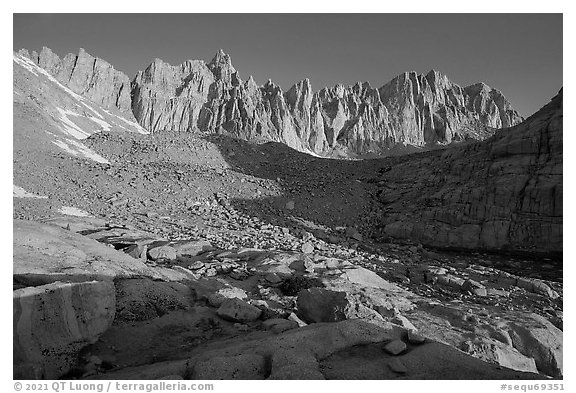 Keeler Needles and Mt Whitney from Trail Camp, sunrise. Sequoia National Park (black and white)