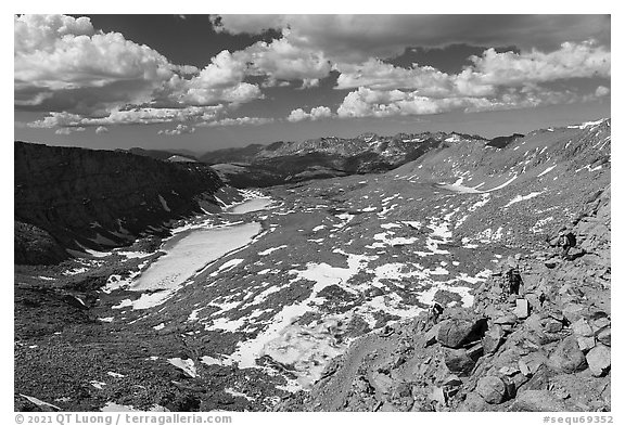 Hikers descend Forester Pass, highest point of Pacific Crest Trail. Sequoia National Park (black and white)