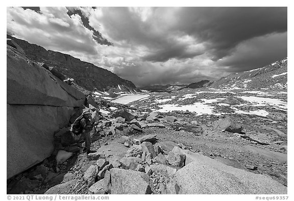 Hiker on John Muir Trail below Forester Pass. Sequoia National Park (black and white)