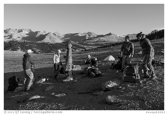Group of Asian backpackers on the Bighorn Plateau. Sequoia National Park (black and white)