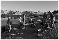 Group of Asian backpackers on the Bighorn Plateau. Sequoia National Park ( black and white)