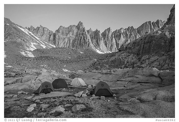 Tents at Trail Camp and Keeler Needles at dawn, Inyo National Forest. Sequoia National Park (black and white)