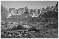 Tents at Trail Camp and Keeler Needles at dawn, Inyo National Forest. Sequoia National Park ( black and white)
