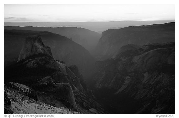 Half-Dome and Yosemite Valley seen from Clouds rest, sunset. Yosemite National Park (black and white)