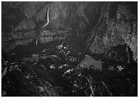 Yosemite Falls, Valley and Village seen from Glacier Point, dusk. Yosemite National Park ( black and white)