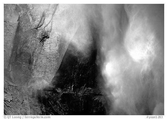 Rainbow, water, and rock at  base of Upper Yosemite Falls. Yosemite National Park (black and white)