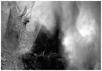 Rainbow, water, and rock at  base of Upper Yosemite Falls. Yosemite National Park ( black and white)