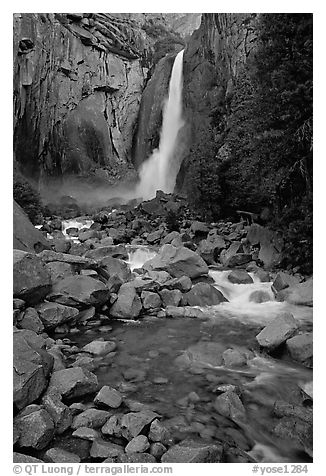 Lower Yosemite Falls, dusk. Yosemite National Park (black and white)