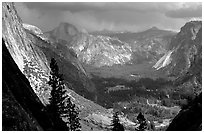 View of Yosemite Valley and Half-Dome from Yosemite Falls trail. Yosemite National Park, California, USA. (black and white)