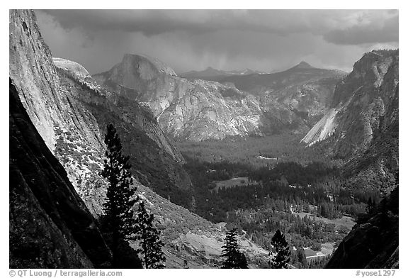 Trees in autunm and boulders near Happy Isles. Yosemite National Park (black and white)