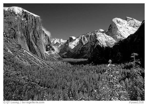 Yosemite Valley from Tunnel View in winter with snow-covered trees and mountains. Yosemite National Park (black and white)