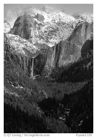 Bridalveil Falls and Cathedral rocks in winter. Yosemite National Park, California, USA.