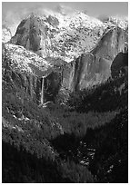 Bridalveil Falls and Cathedral rocks in winter. Yosemite National Park, California, USA. (black and white)