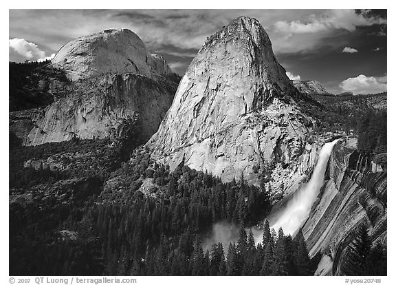 Nevada Fall, Liberty Cap, and Half Dome. Yosemite National Park (black and white)