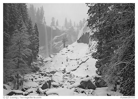 Thin flow of Vernal Fall in winter. Yosemite National Park, California, USA.