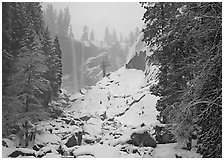 Thin flow of Vernal Fall in winter. Yosemite National Park, California, USA. (black and white)