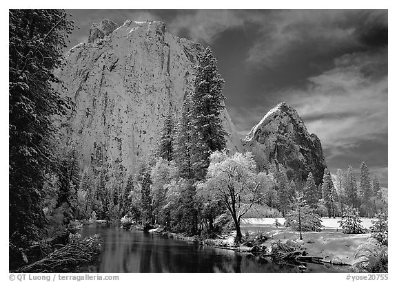 Cathedral rocks and Merced River with fresh snow. Yosemite National Park (black and white)