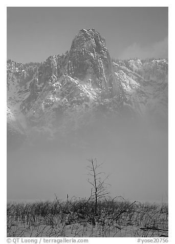 Sentinel rock rising above fog on valley in winter. Yosemite National Park (black and white)