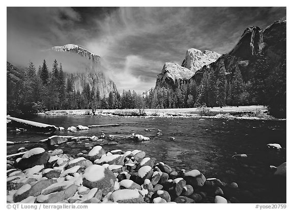 Valley View in winter. Yosemite National Park (black and white)