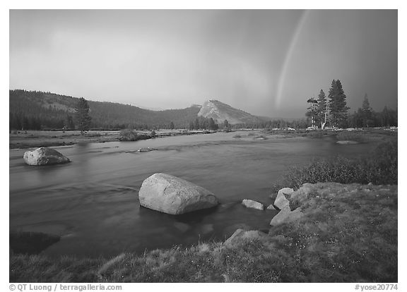 Tuolumne River, Lambert Dome, and rainbow, evening storm. Yosemite National Park (black and white)