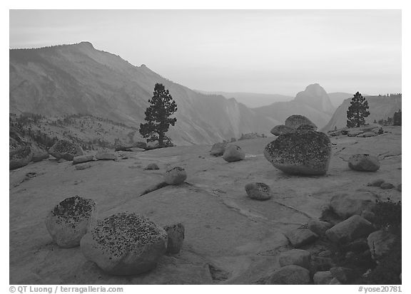 Glacial polish and erratics, Clouds Rest and Half Dome, sunset. Yosemite National Park (black and white)