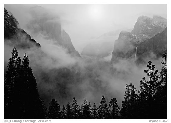 Yosemite Valley from Tunnel View with fog. Yosemite National Park (black and white)