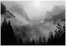 Yosemite Valley from Tunnel View with fog. Yosemite National Park, California, USA. (black and white)