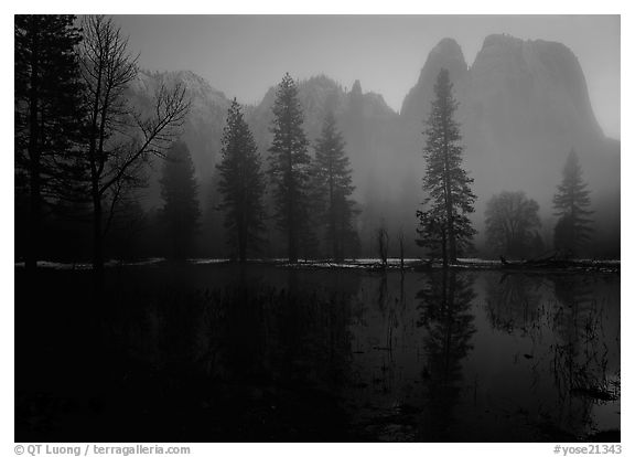 Cathedral rocks with mist, winter dusk. Yosemite National Park (black and white)