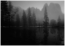 Cathedral rocks with mist, winter dusk. Yosemite National Park, California, USA. (black and white)