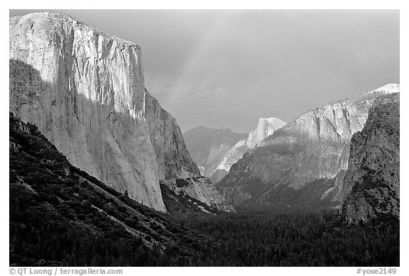 Valley and Rainbow from Tunnel View, afternoon storm light. Yosemite National Park (black and white)