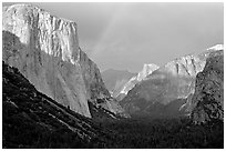 Valley and Rainbow from Tunnel View, afternoon storm light. Yosemite National Park, California, USA. (black and white)
