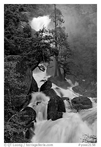 Raging waters in Cascade Creek during  spring. Yosemite National Park (black and white)