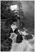 Raging waters in Cascade Creek during  spring. Yosemite National Park, California, USA. (black and white)