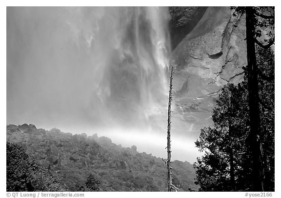 Rainbow at  base of Upper Yosemite Falls. Yosemite National Park (black and white)