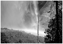 Rainbow at  base of Upper Yosemite Falls. Yosemite National Park, California, USA. (black and white)