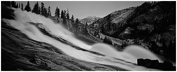 Tuolumne River, waterwheels, and granite slab at dusk. Yosemite National Park (Panoramic black and white)