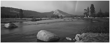 Tuolumne River, Lambert Dome, and rainbow, evening storm. Yosemite National Park (Panoramic black and white)