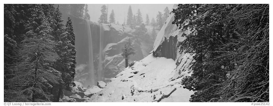 Vernal Fall in winter fog. Yosemite National Park (black and white)