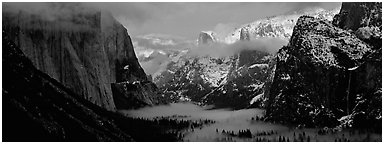 Winter sunset over Yosemite Valley. Yosemite National Park (Panoramic black and white)