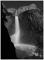 Moon rainbow, Lower and Upper Yosemite Falls. Yosemite National Park, California, USA. (black and white)