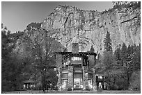 Ahwahnee hotel and cliffs. Yosemite National Park, California, USA. (black and white)