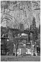 Historic Ahwahnee lodge at dusk. Yosemite National Park, California, USA. (black and white)