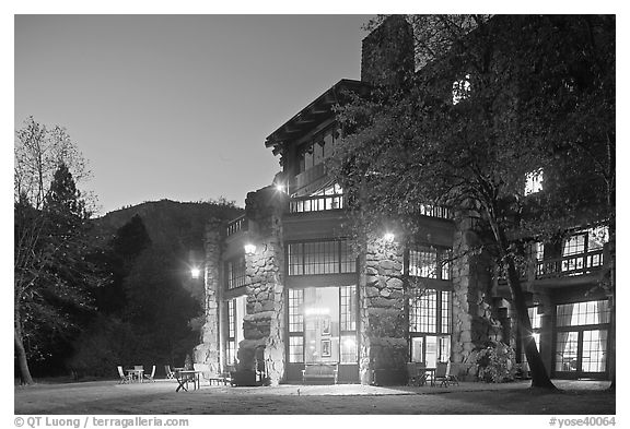 Lights of Ahwahnee hotel at night. Yosemite National Park, California, USA.