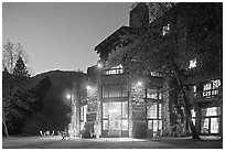 Lights of Ahwahnee hotel at night. Yosemite National Park, California, USA. (black and white)