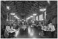 Dinning room at night, Ahwahnee hotel. Yosemite National Park, California, USA. (black and white)