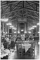 Dinning room at night, Ahwahnee lodge. Yosemite National Park, California, USA. (black and white)